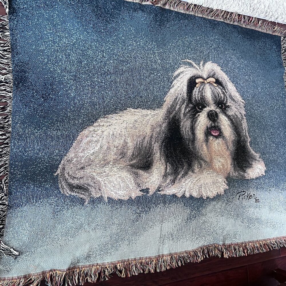 Linda Picken Shih Tzu Dog Tapestry Throw Lap Blanket 57x46 Woven Fringed Pet Art